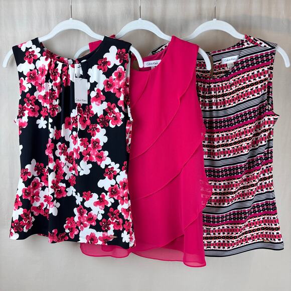 Calvin Klein Bundle - 3 Size Small Tanks - Pink Black White Solid Stripe Floral - Picture 1 of 9